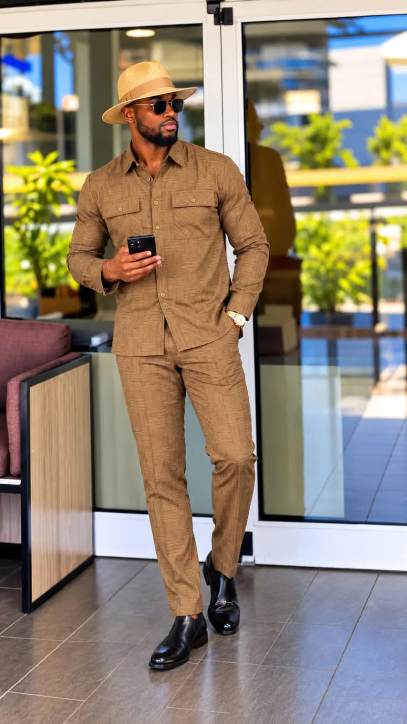 Conjunto de Camisa e Calças em Linho Castanho