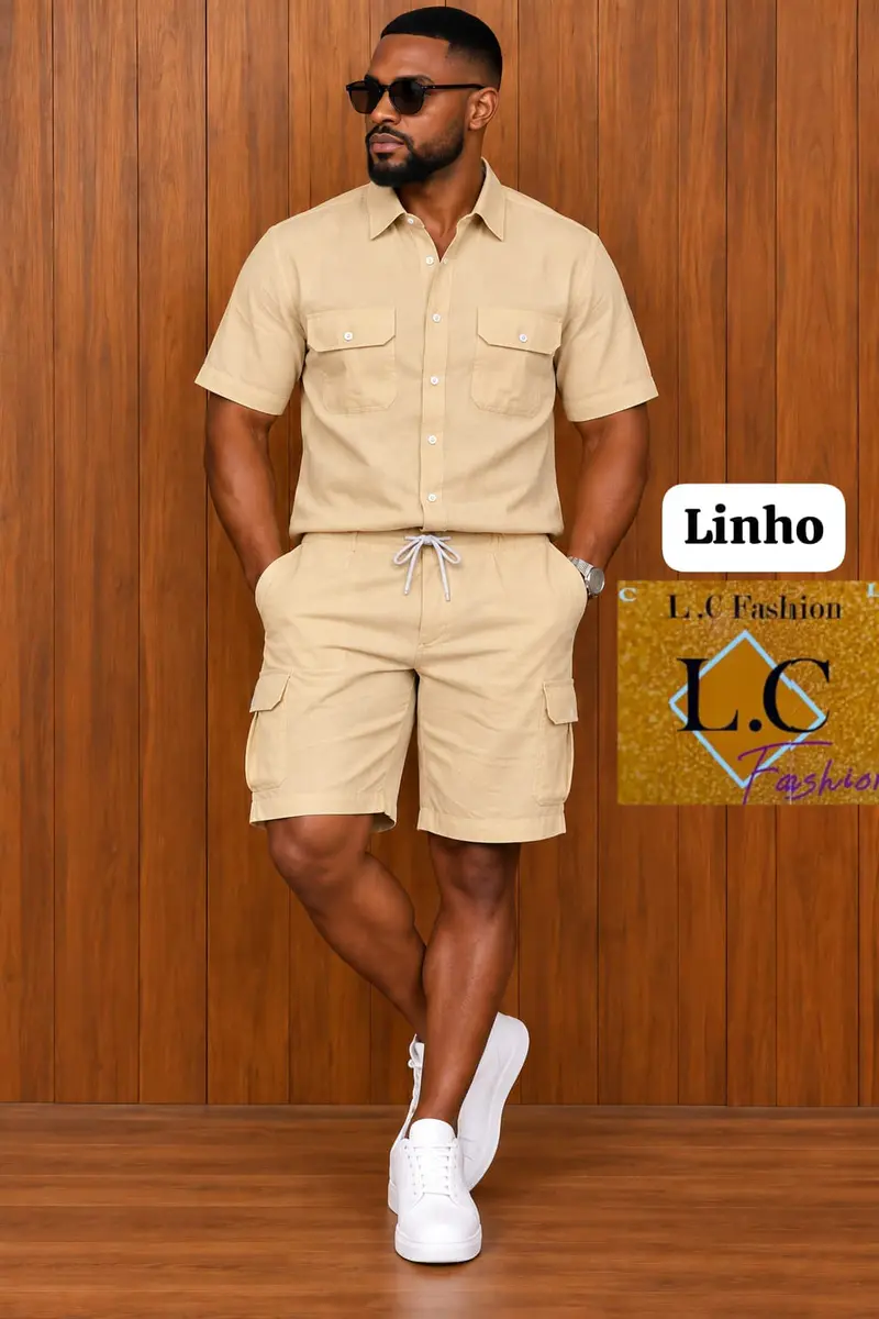 Conjunto de Camisa e Calções Cargo em Linho Bege