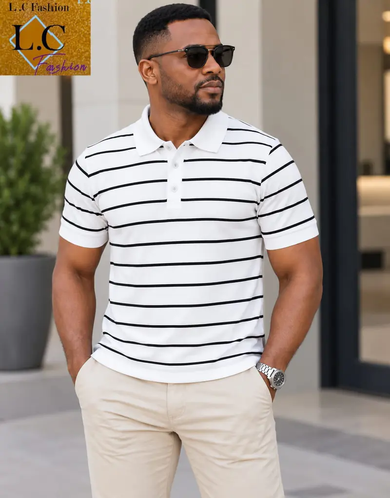 Camisa Polo Listrada Masculina Branco / Preto