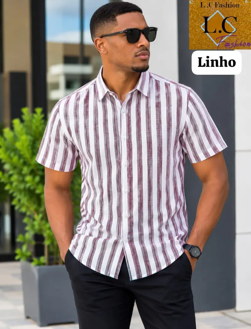 Camisa Masculina de Linho Manga Curta a Riscas Vinho / Branco