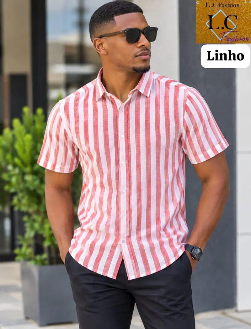 Camisa Masculina de Linho Manga Curta a Riscas Vermelho / Branco