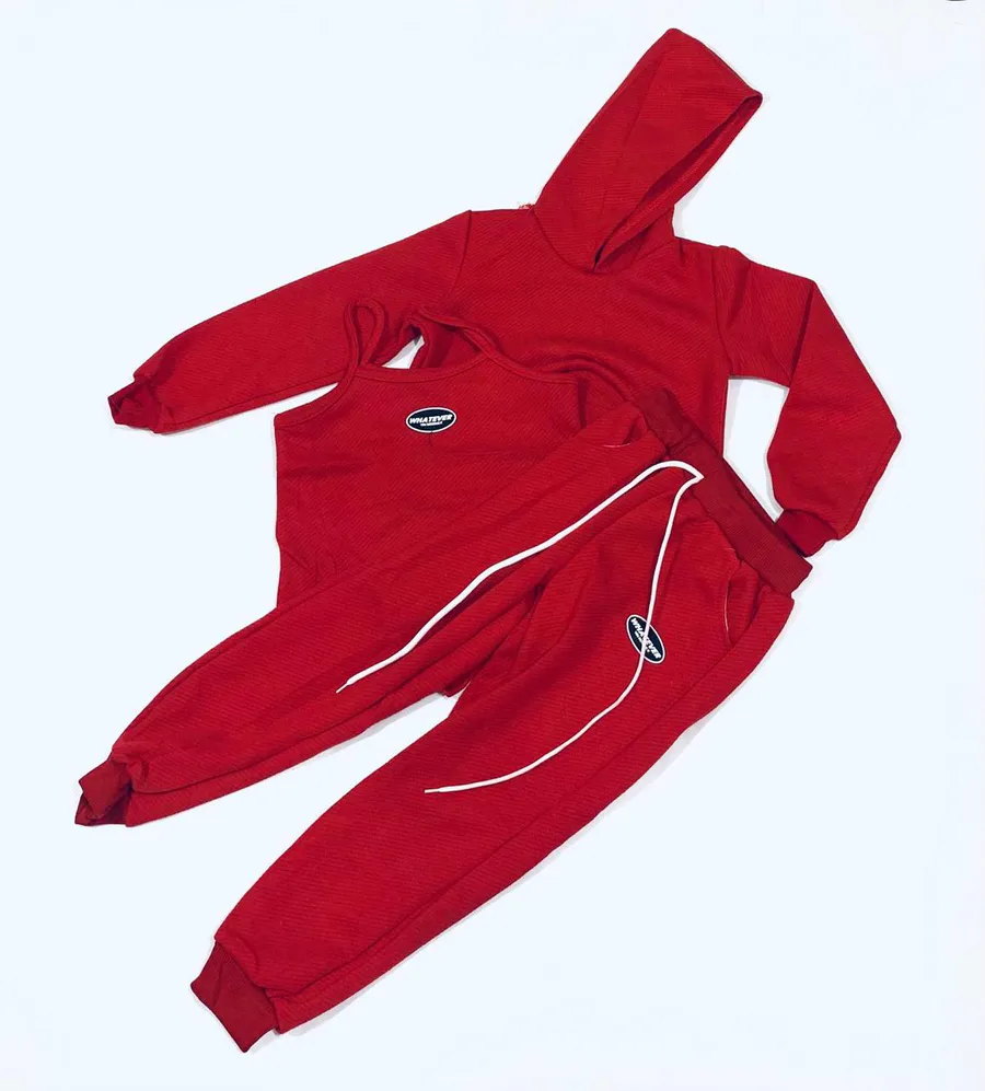 Conjunto Hoodie Casual com Colete e Calça Jogger para Meninas Tween · Vermelho