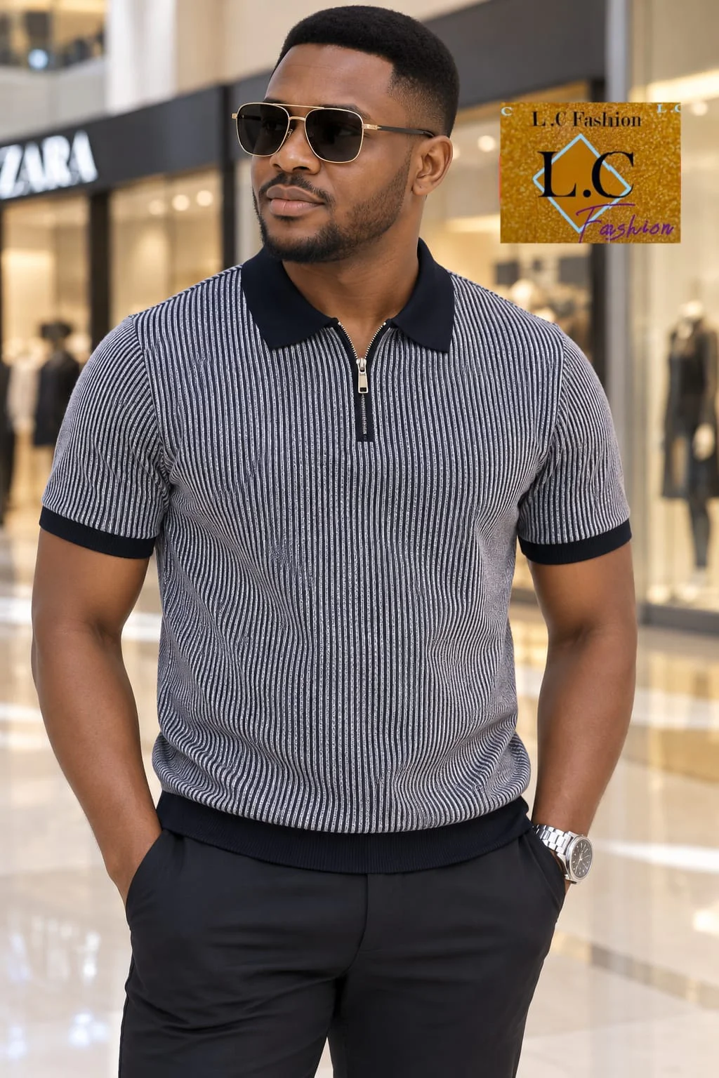 Camisola Polo com Fecho e Listras Preto / Cinzento