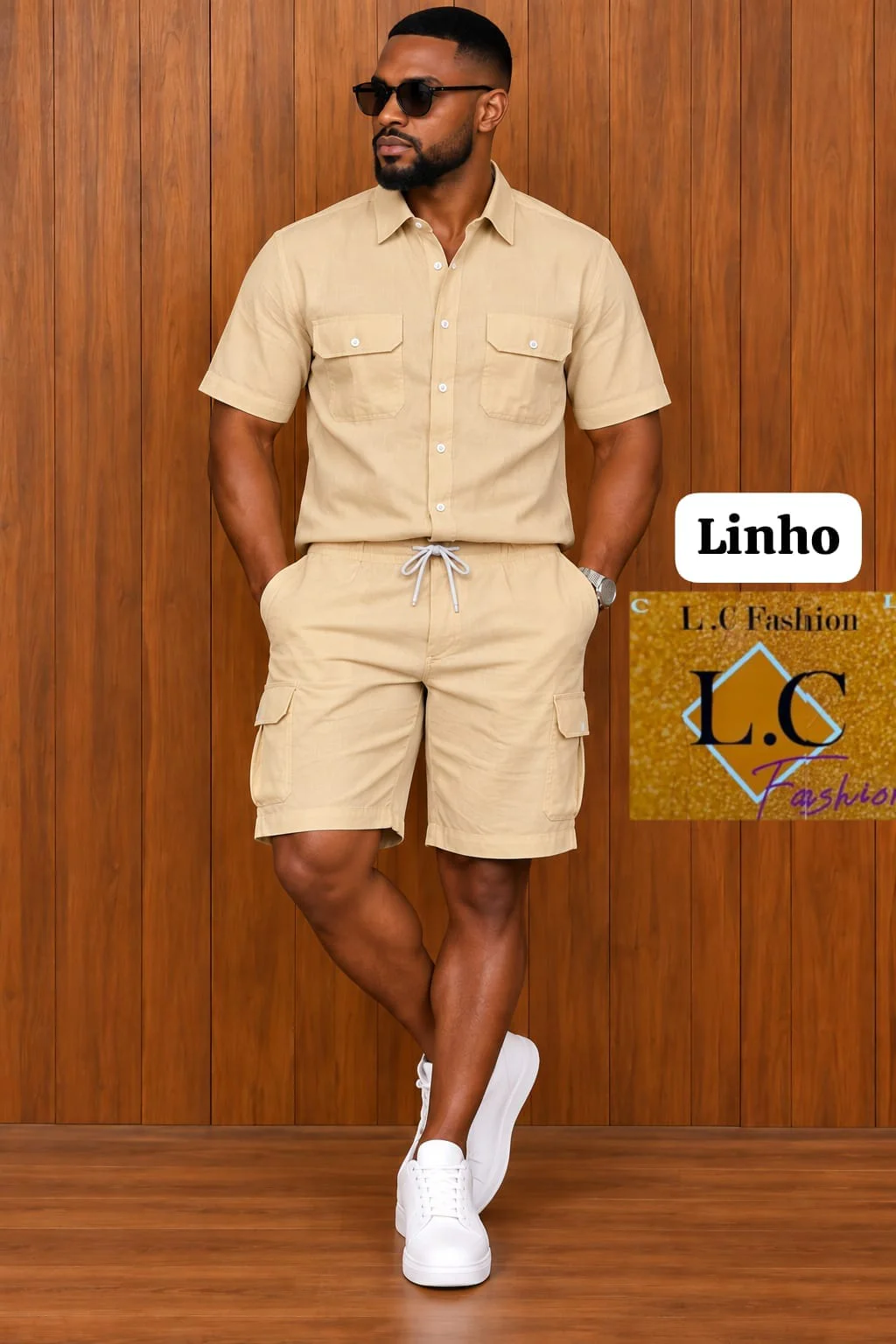 Conjunto de Camisa e Calções Cargo em Linho Bege
