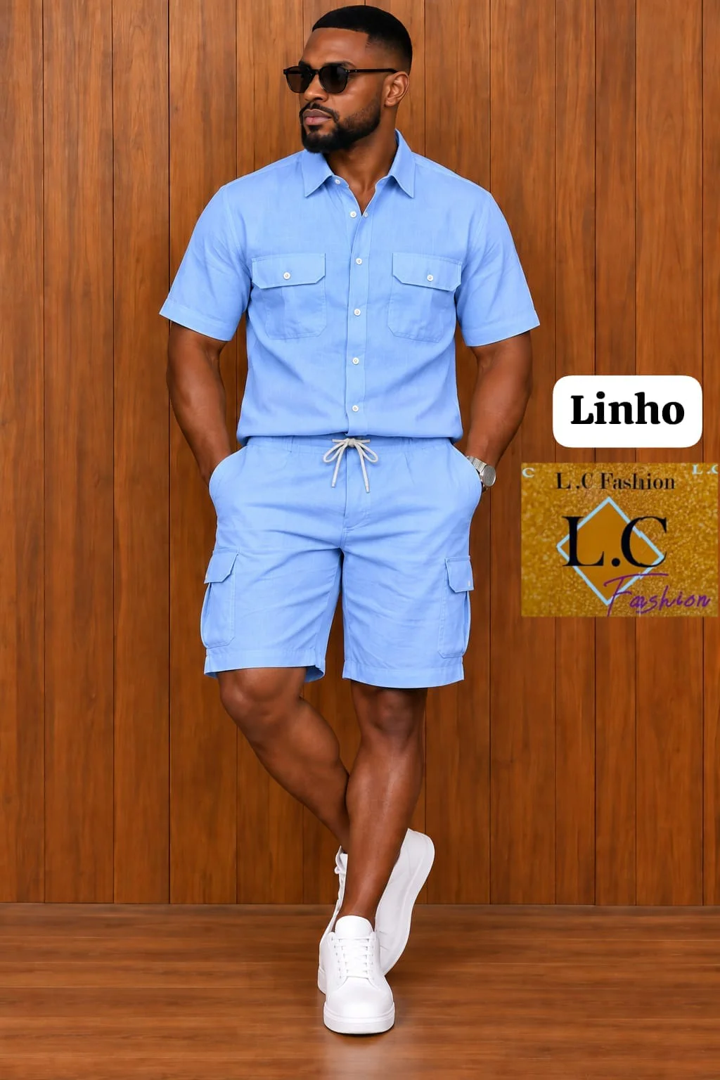 Conjunto de Camisa e Calções Cargo em Linho Azul Claro