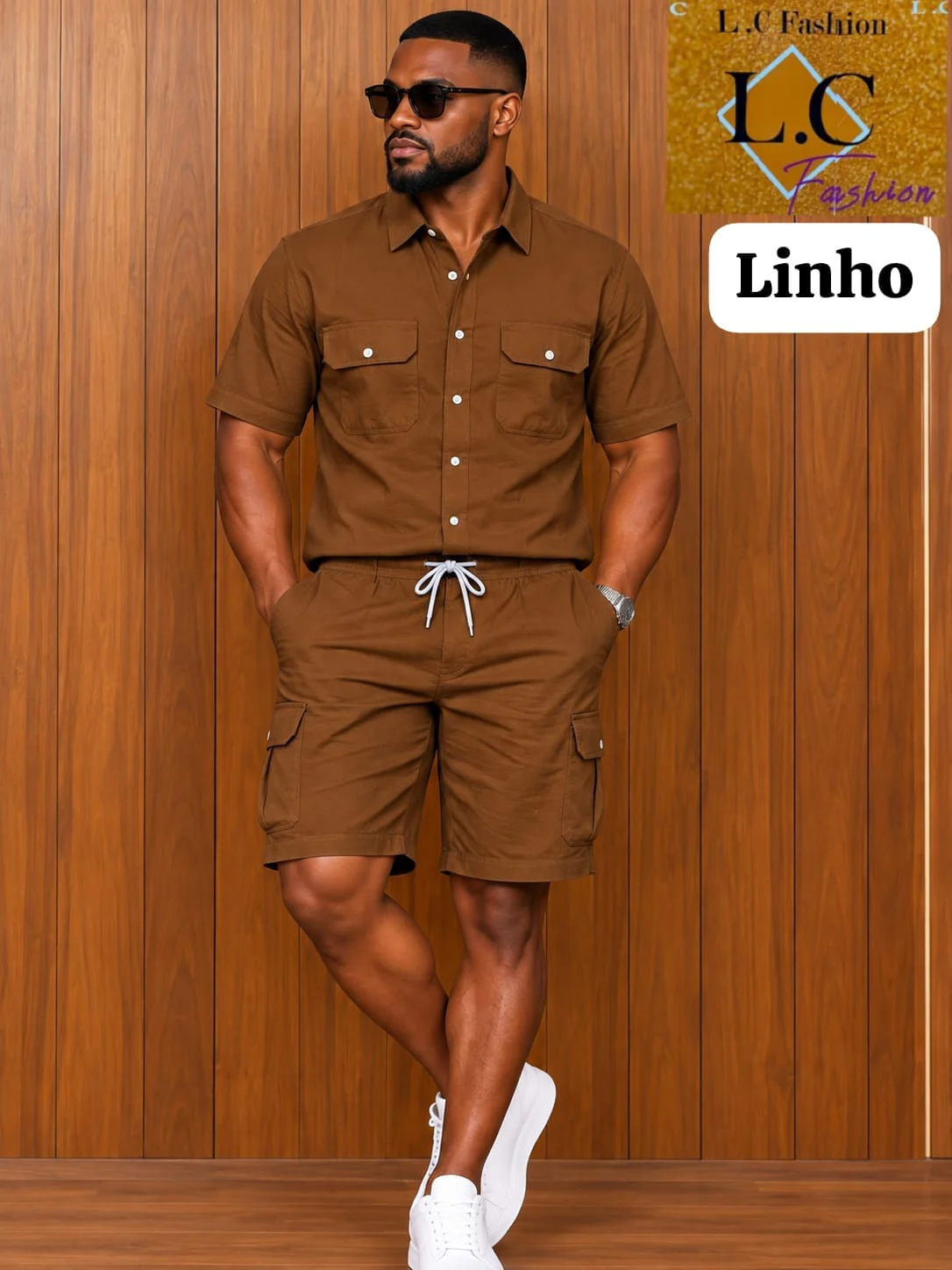Conjunto de Camisa e Calções Cargo em Linho Castanho