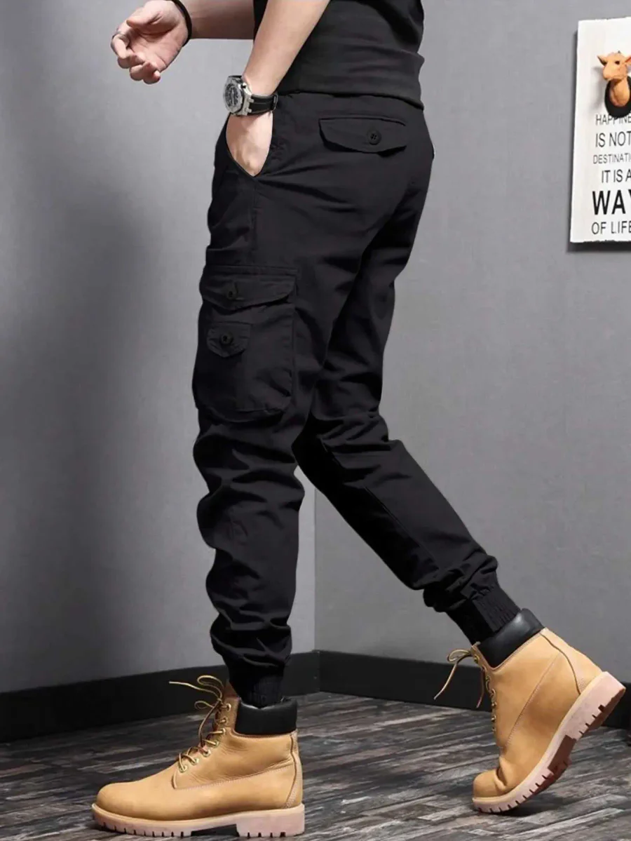 Calça Masculina de Trabalho ao Ar Livre Verão Elástica em Algodão com Bolsos · Preto