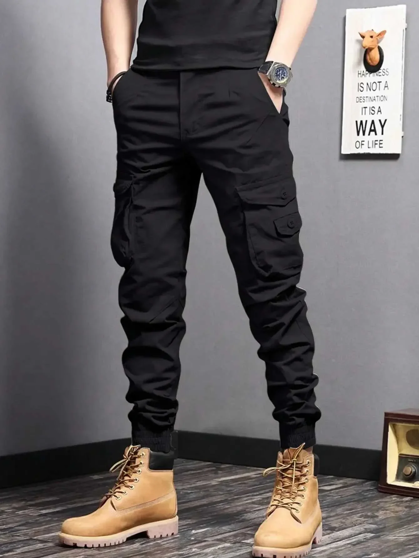 Calça Masculina de Trabalho ao Ar Livre Verão Elástica em Algodão com Bolsos · Preto