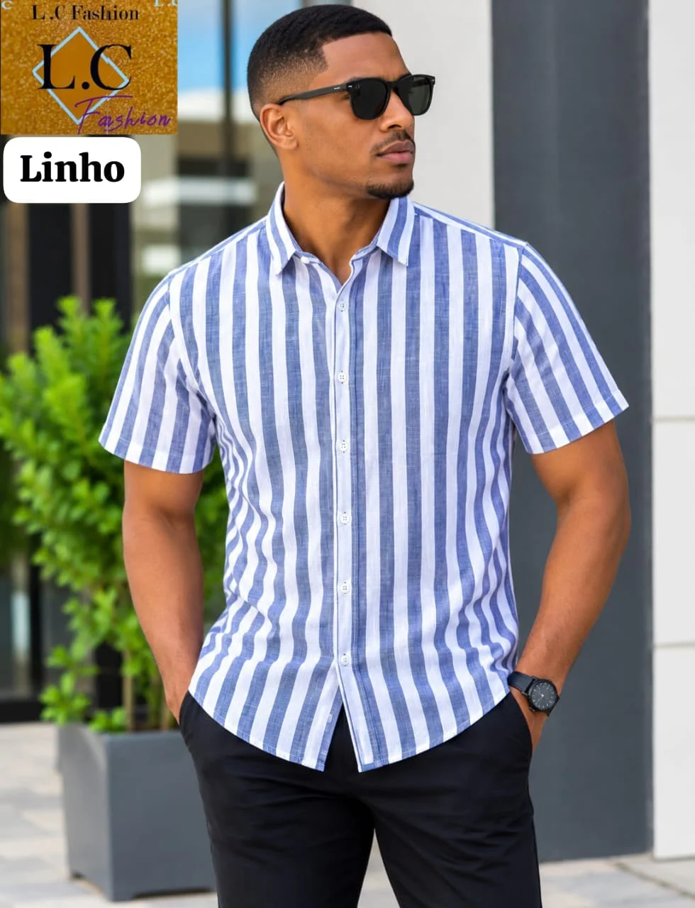 Camisa Masculina de Linho Manga Curta a Riscas Azul /Branco