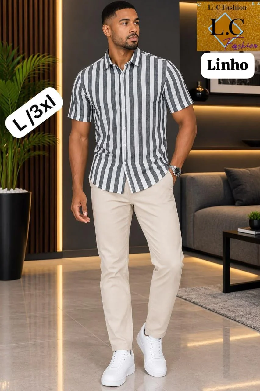 Camisa Masculina de Linho Manga Curta a Riscas Preto / Branco