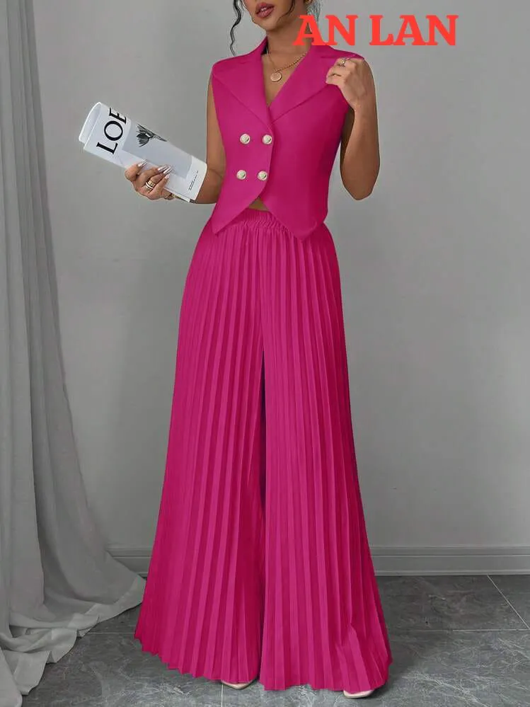 Conjunto Feminino Calça Pantalona Plissada e Colete Rosa