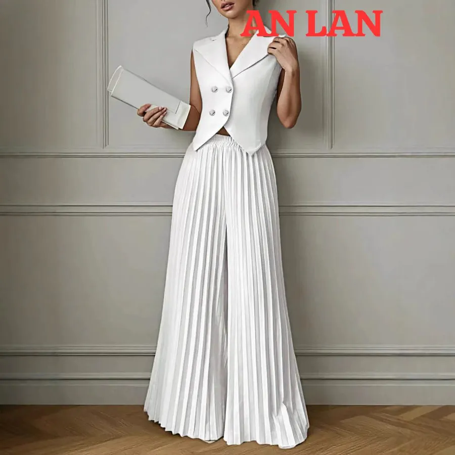 Conjunto Feminino Calça Pantalona Plissada e Colete Branco