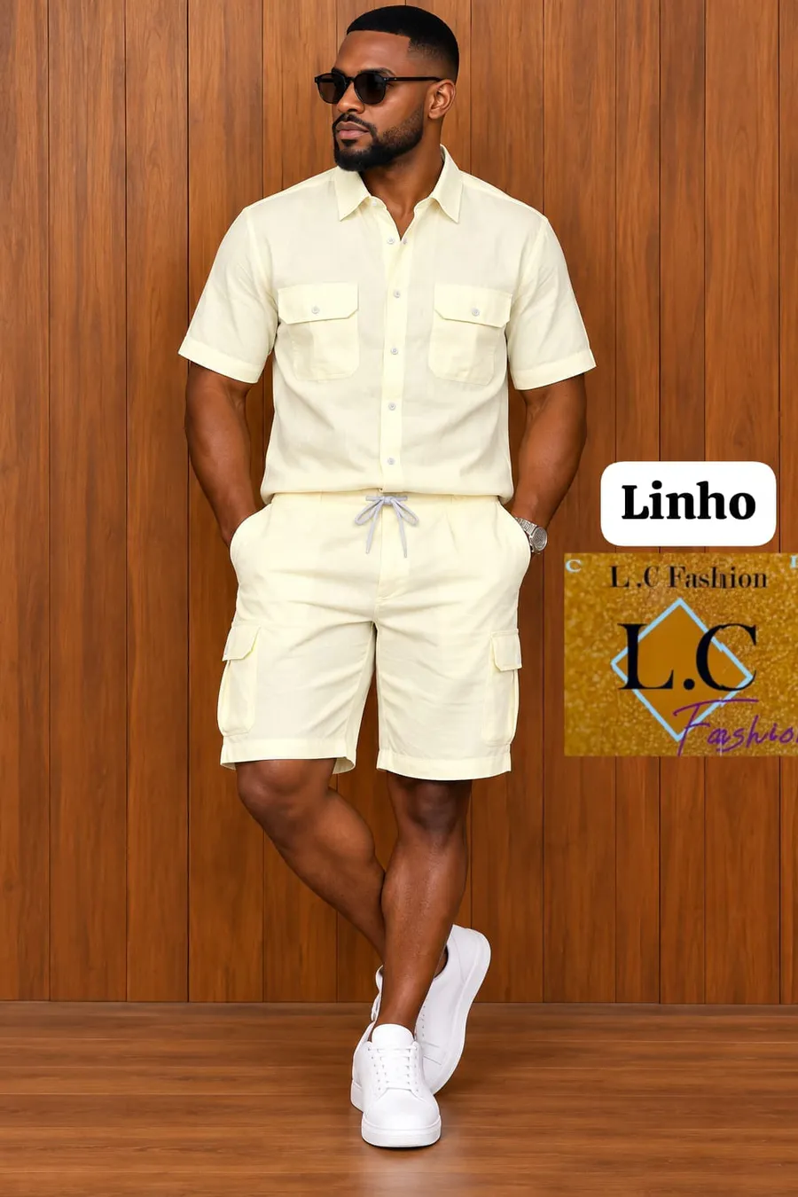 Conjunto de Camisa e Calções Cargo em Linho Creme