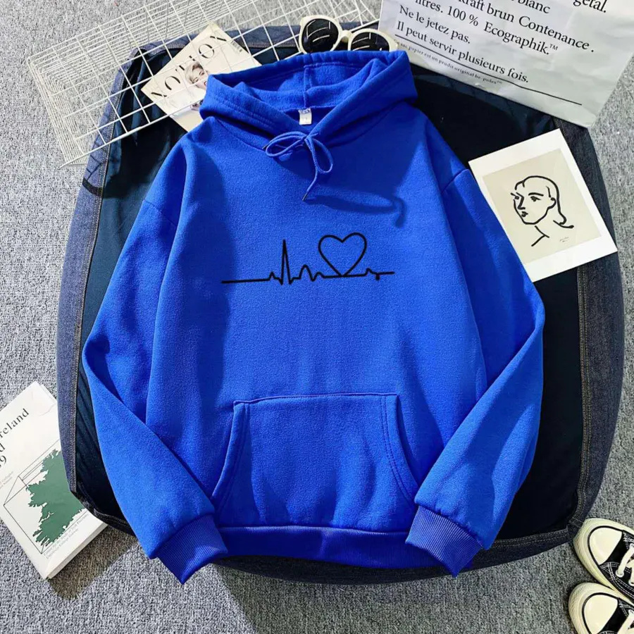 Moletom Azul com Estampa de Batimentos Cardíacos e Coração - Camisola