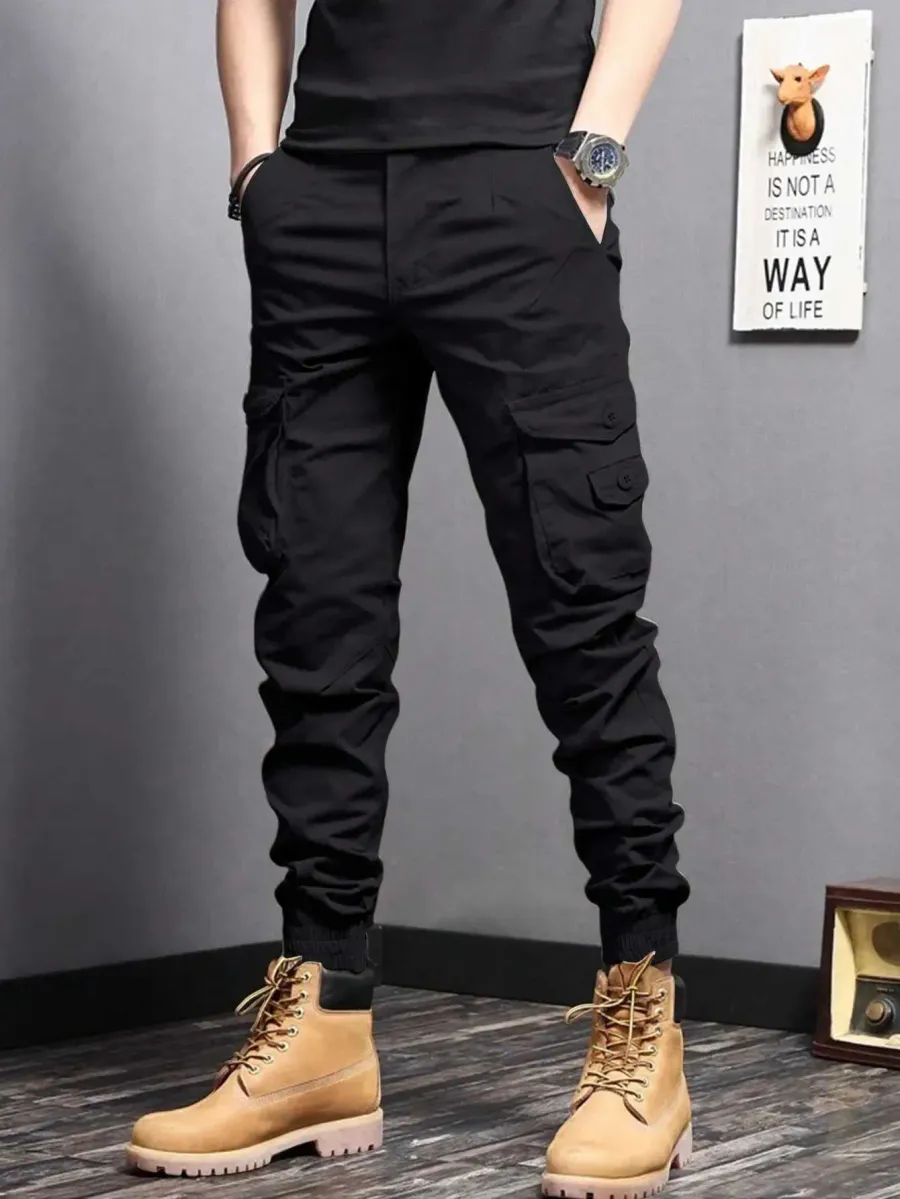 Calça Masculina de Trabalho ao Ar Livre Verão Elástica em Algodão com Bolsos · Preto