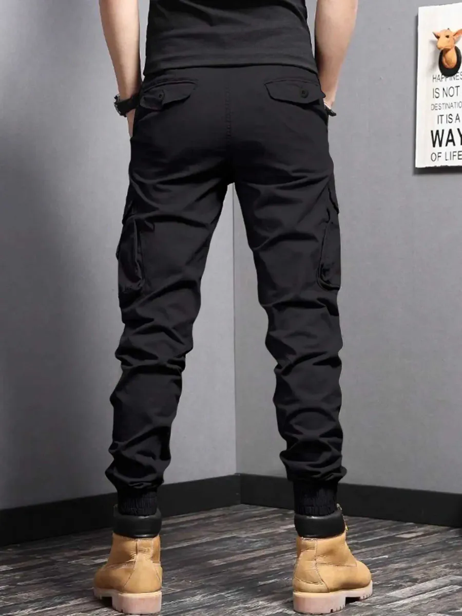 Calça Masculina de Trabalho ao Ar Livre Verão Elástica em Algodão com Bolsos · Preto