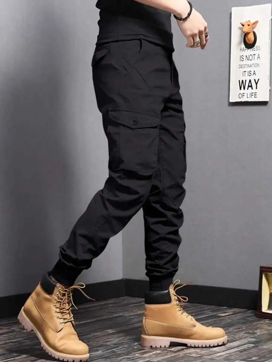Calça Masculina de Trabalho ao Ar Livre Verão Elástica em Algodão com Bolsos · Preto