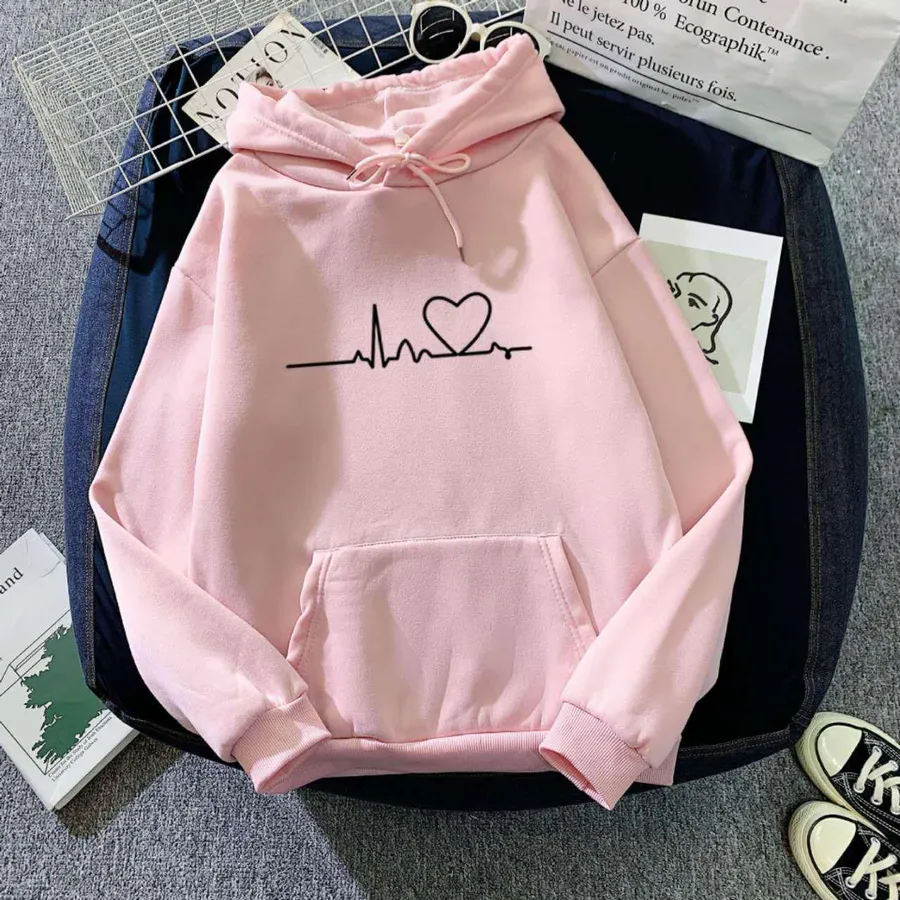 Moletom Rosa com Estampa de Batimentos Cardíacos e Coração - Camisola