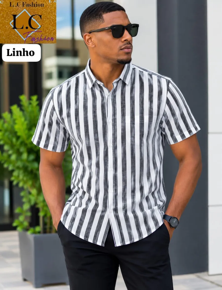 Camisa Masculina de Linho Manga Curta a Riscas Preto / Branco