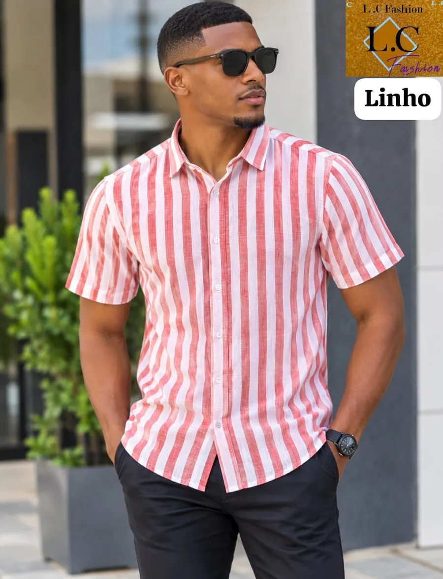 Camisa Masculina de Linho Manga Curta a Riscas Vermelho / Branco