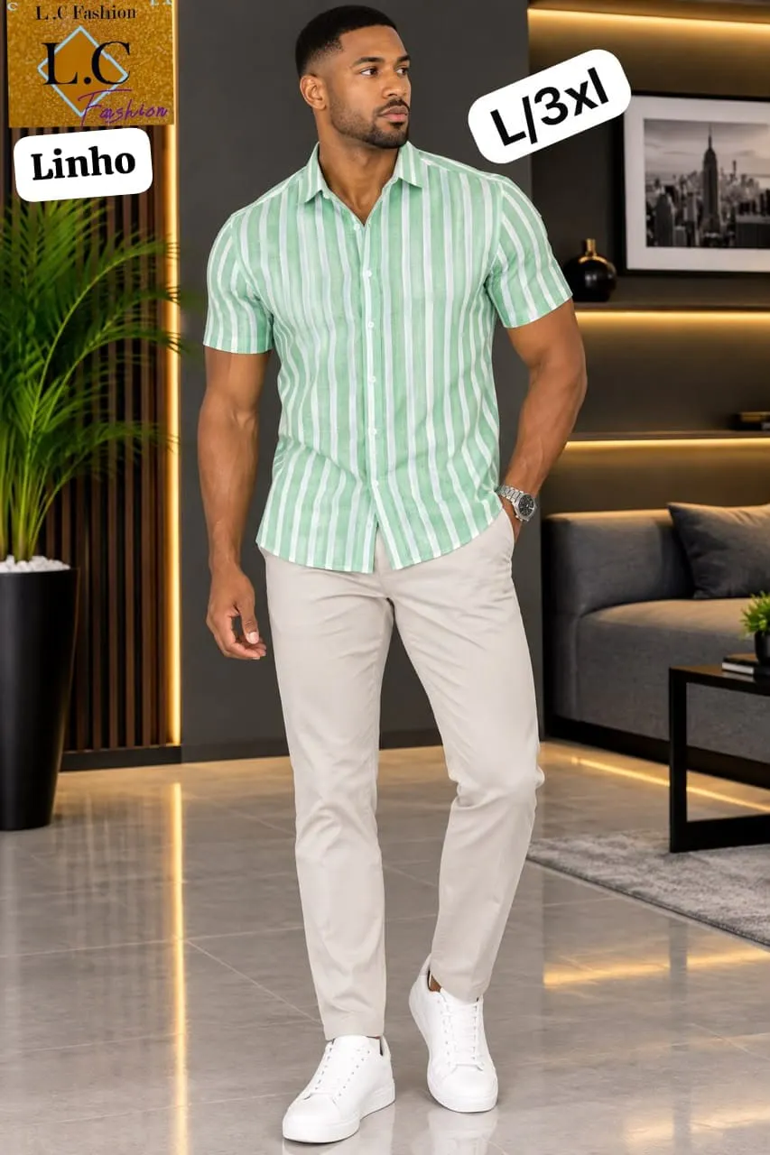 Camisa Masculina de Linho Manga Curta a Riscas Verde / Branco